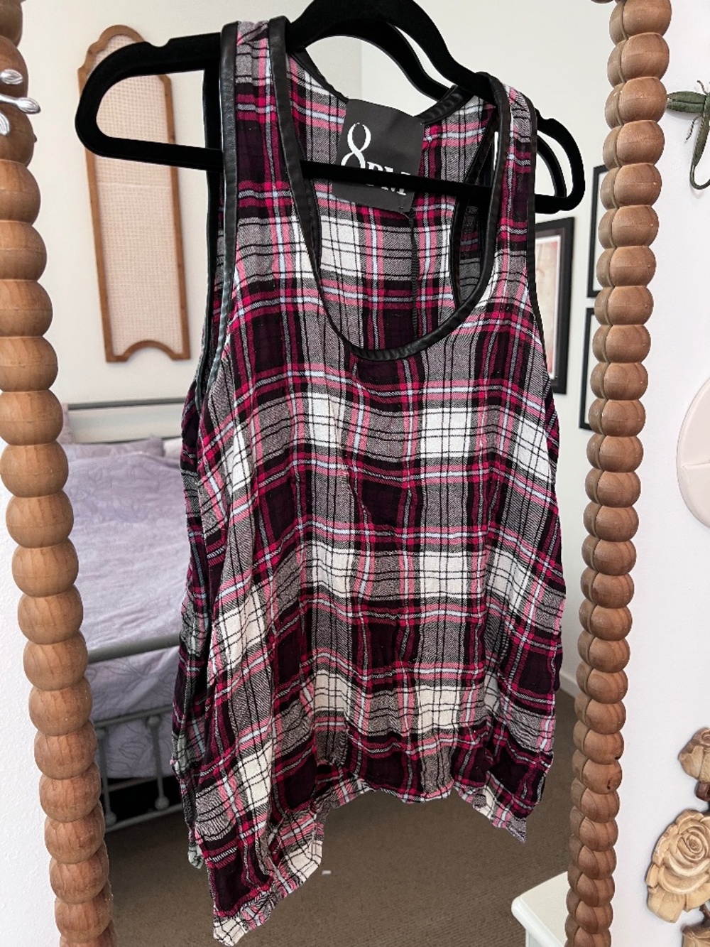 8PM Isola Dei Conigli Plaid Blouse Leather Trim Size S NWT